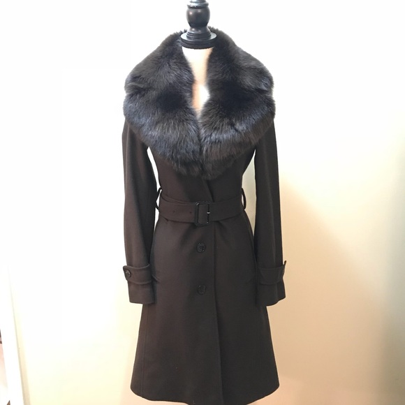 Burberry wool cashmere fox fur collar brown coat
